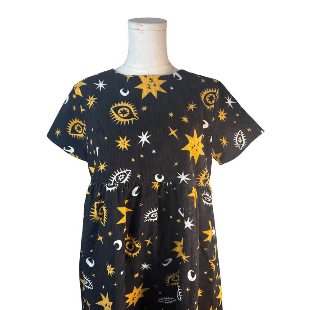 Black Friday Size 6 Cosmic Print Mini Black Gold White Corduroy Dress NWT - Picture 11 of 16